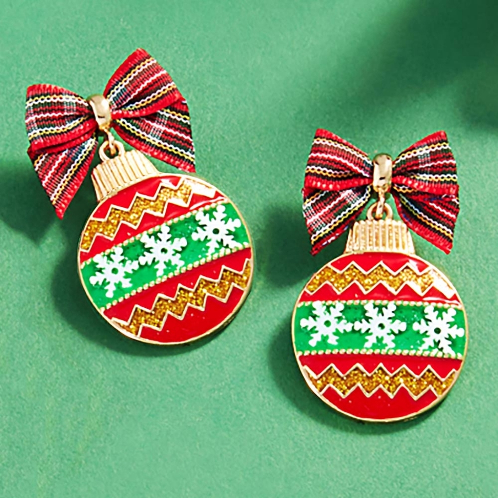 Holiday Christmas Ornament Earrings with Bow Red Green Snowflake Dangle Earrings